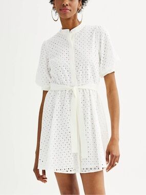 Nine West women’s white eyelet short puff sleeve summer dress size Large 10 12